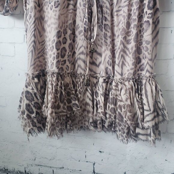 Rebecca Taylor Meow Animal Print 100% Silk Dress Size 10 Ruffle Hem Mob Wife - Picture 5 of 10